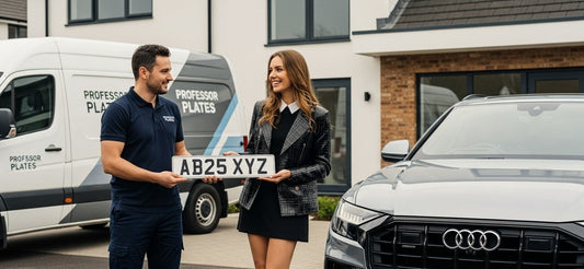 Professor Plates delivery man handing over a premium 4D laser-cut UK number plate to a customer with a luxury car, highlighting fast UK-wide delivery and free fitting service.